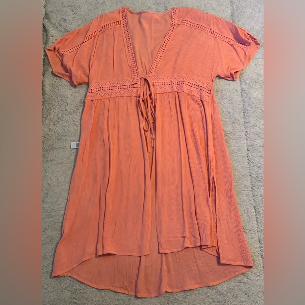 Maurices Peachy Coral Hue Embroidered Long Tunic Cover Up w/ Front Ties & Slits - Picture 6 of 12